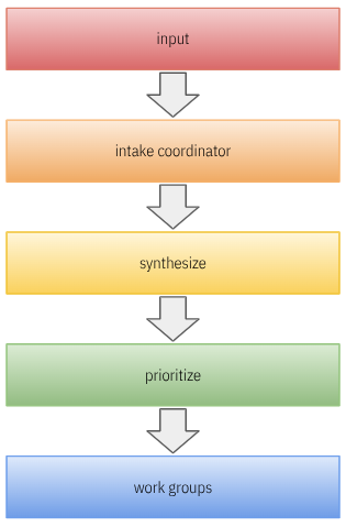 5 steps from input, intake, synthesize, prioritize, and work groups